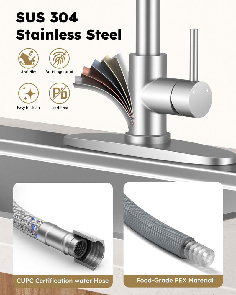 Arofa Kitchen Faucet with Soap Dispenser, Stainless Steel Sink Faucets with Pull-Down Sprayer 2 Mode, Single Handle RV Faucet for 1 or 3 Hole, Brushed Nickel Kitchen Faucets with Sprayer - Image 5